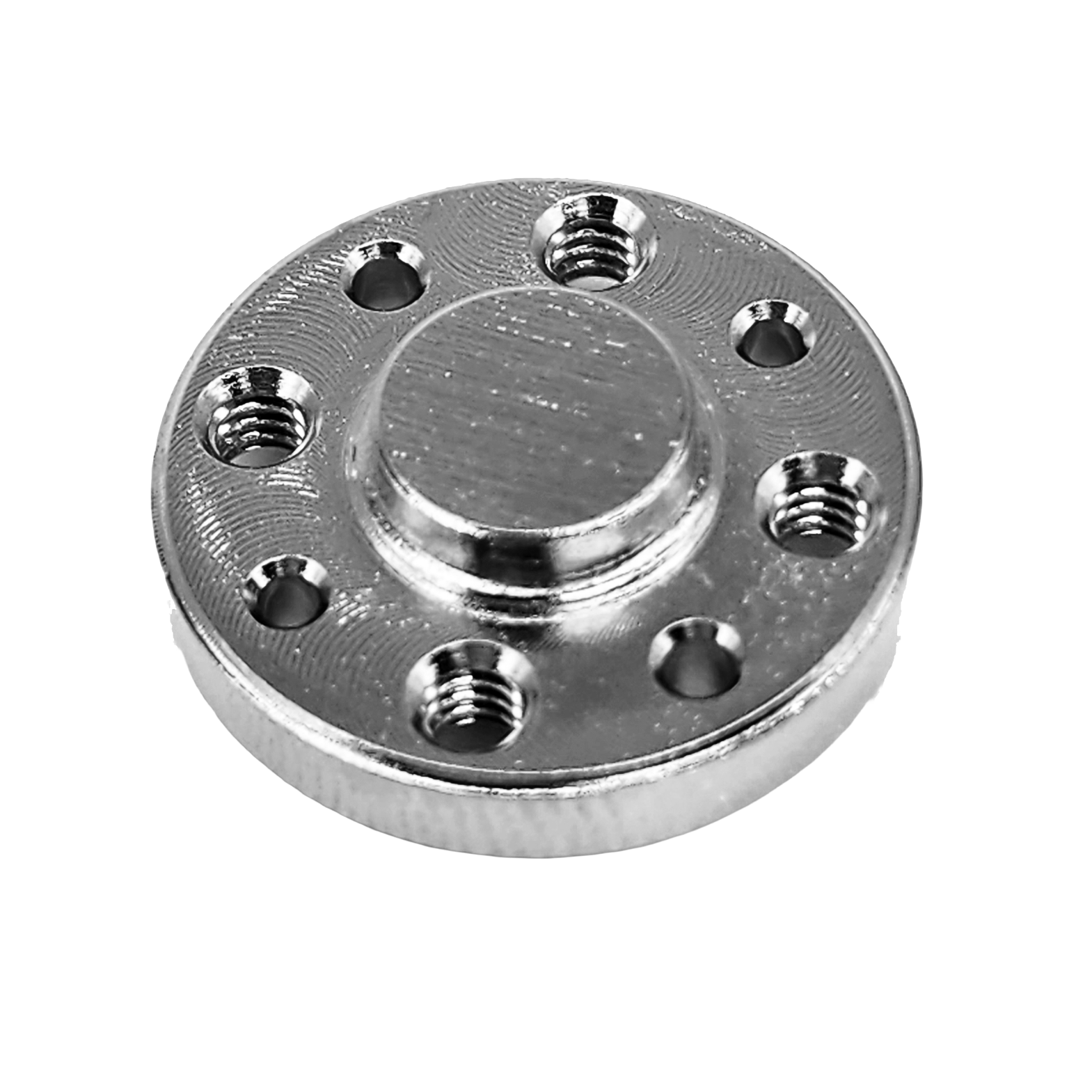 Round waveguide short circuit component with circular metal flange and mounting holes for millimeter wave systems.